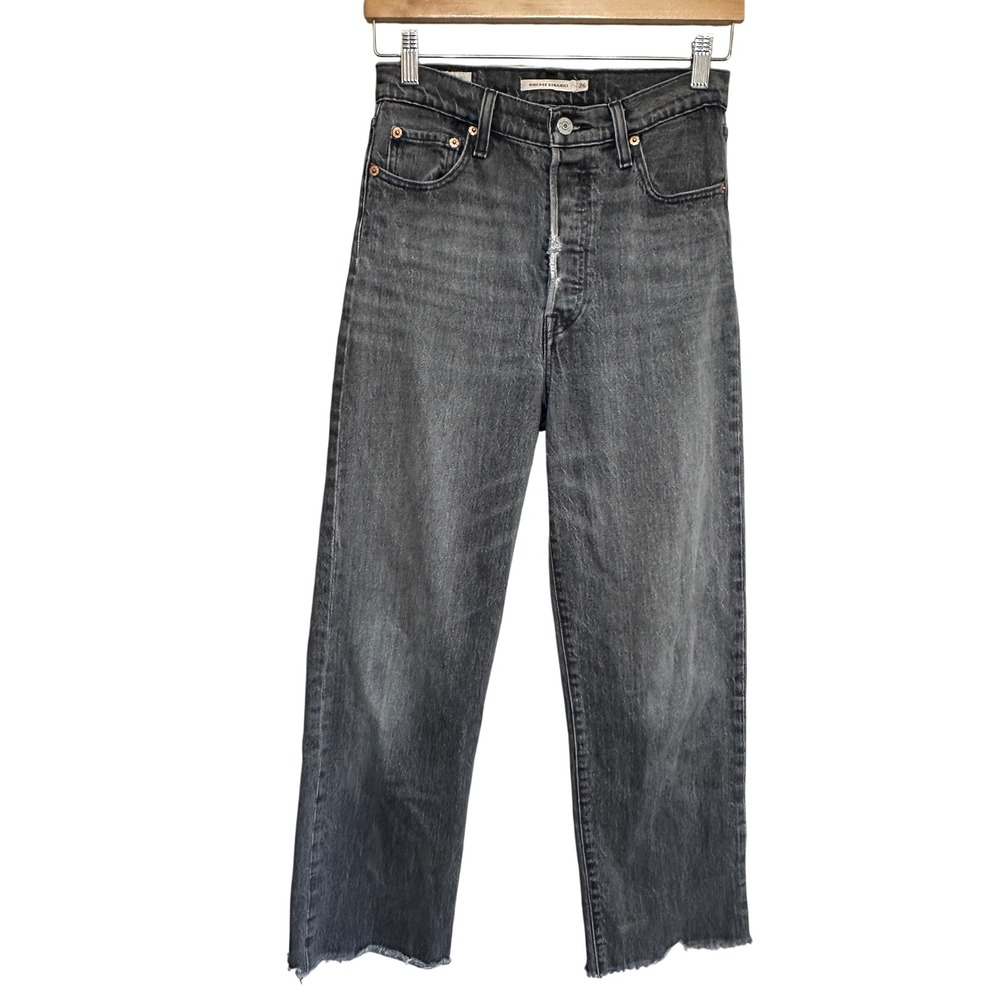 Levi's Ribcage Straight Jeans Crop Fray Gray Denim Button Fly Womens 26 Grunge